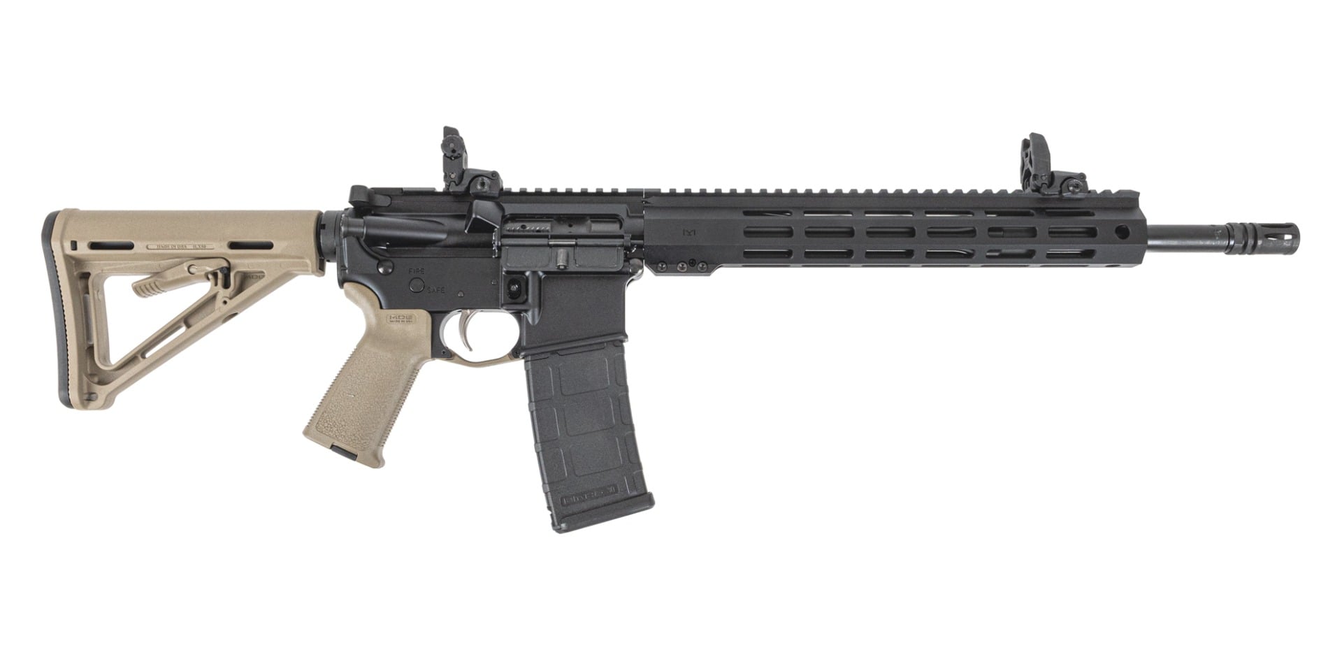 PSA 16" Mid-Length 5.56 NATO 1/7 Nitride 13.5" Lightweight Hex M-Lok MOE EPT Rifle w/ MBUS Sight Set